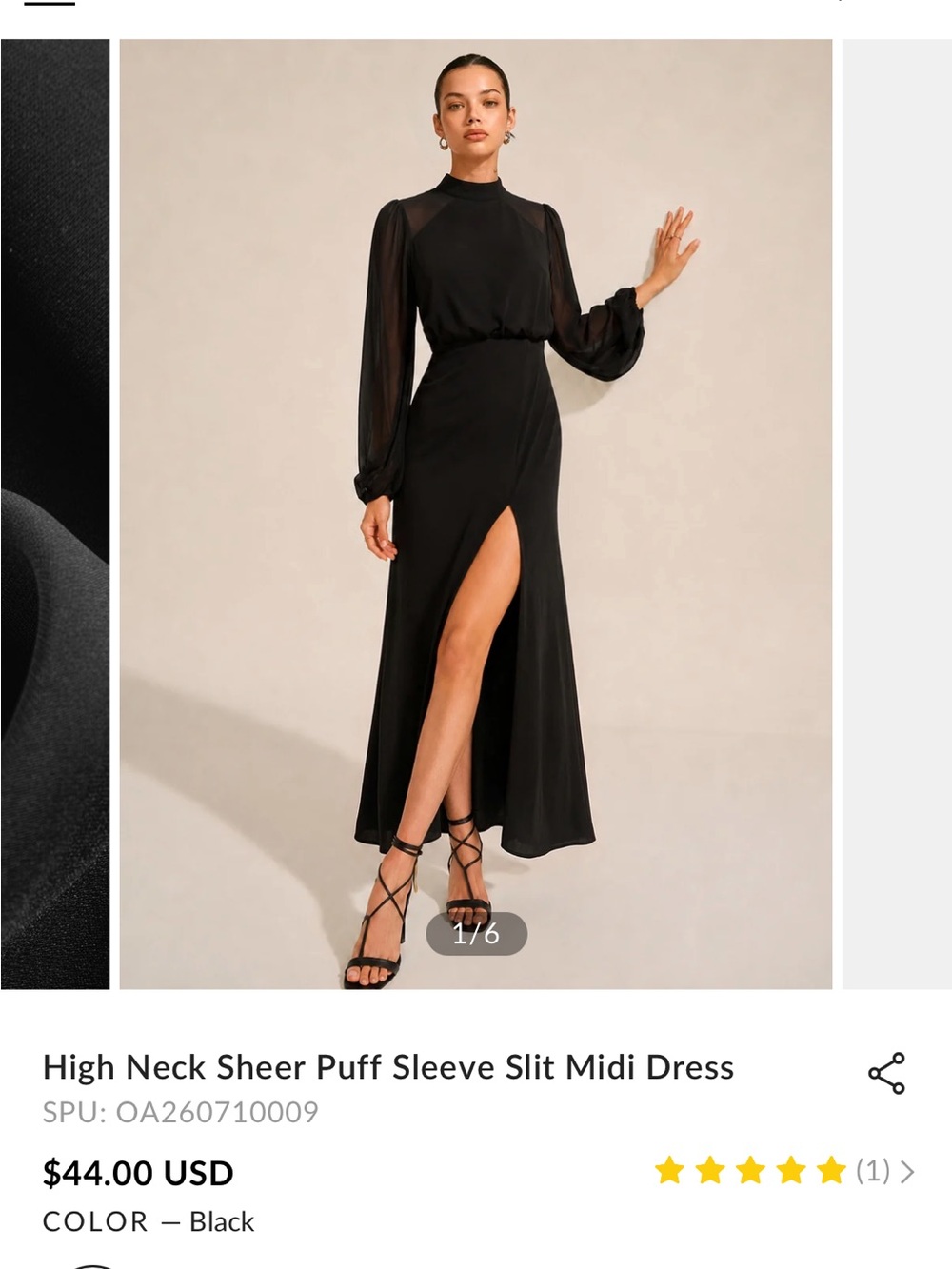 Commense Black High-Neck Sheer Sleeve Slit Midi Dress